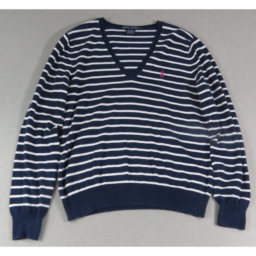 VTG Ralph Lauren 100% Italian Cotton Yarn Stripped Preppy V-Neck Sweater Mens XL